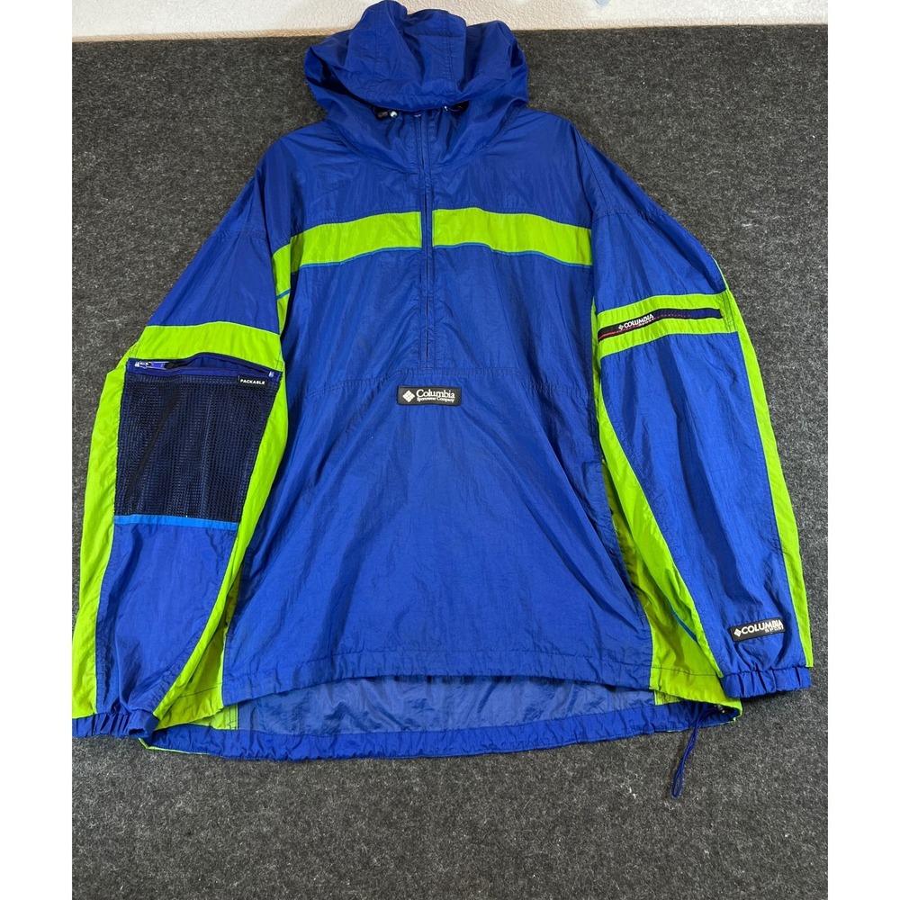 VTG 90s Columbia Packable Windbreaker Jacket Men XL Blue 1/2 Zip Hooded Gorpcore